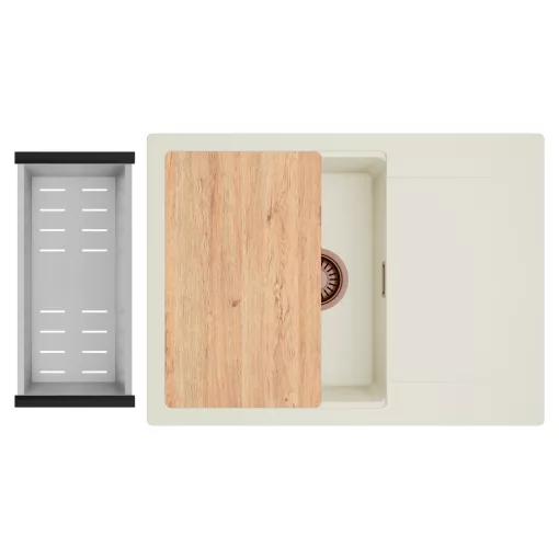 HD Onyx White 68-XL egymedencés gránit mosogatótálca szett, vágódeszkával, csepegtetőtálcával, vágódeszkával, acél csepegtetőkosárral, tört fehér színben, szálcsiszolt réz leeresztő szifonnal