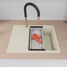 HD Onyx White 68-XL egymedencés gránit mosogatótálca szett, vágódeszkával, csepegtetőtálcával, vágódeszkával, acél csepegtetőkosárral, tört fehér színben, szálcsiszolt réz leeresztő szifonnal