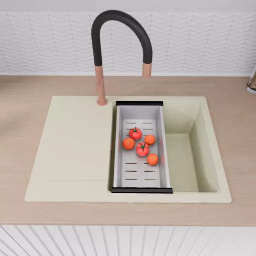 HD Onyx White 68-XL egymedencés gránit mosogatótálca szett, vágódeszkával, csepegtetőtálcával, vágódeszkával, acél csepegtetőkosárral, tört fehér színben, szálcsiszolt réz leeresztő szifonnal