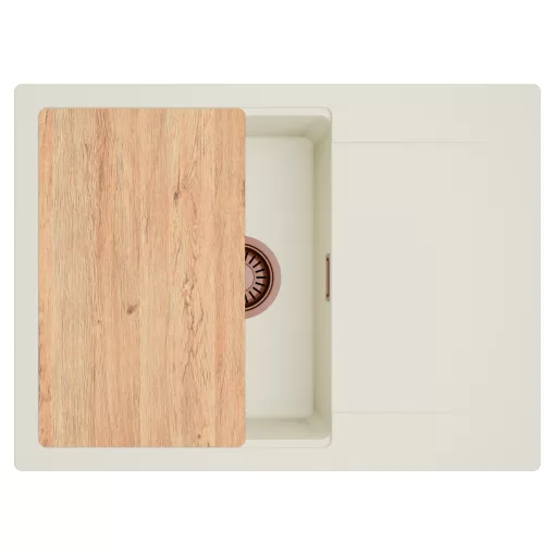 HD Onyx White 68-XL egymedencés gránit mosogatótálca, vágódeszkával, vágódeszkával, tört fehér színben, szálcsiszolt réz leeresztő szifonnal