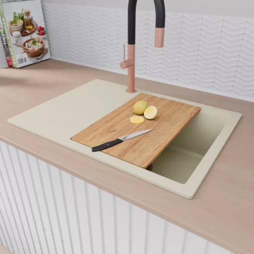 HD Onyx White 68-XL egymedencés gránit mosogatótálca, vágódeszkával, vágódeszkával, tört fehér színben, szálcsiszolt réz leeresztő szifonnal