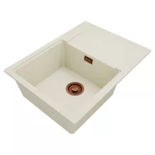 HD Onyx White 68-XL egymedencés gránit mosogatótálca, vágódeszkával, vágódeszkával, tört fehér színben, szálcsiszolt réz leeresztő szifonnal