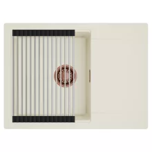 HD Onyx White 68-XL egymedencés mosogatótálca szett, acél csepegtetőráccsal, csepegtetőtálcával, tört fehér színben, szálcsiszolt réz leeresztő szifonnal