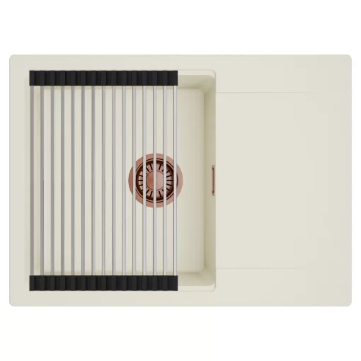 HD Onyx White 68-XL egymedencés mosogatótálca szett, acél csepegtetőráccsal, csepegtetőtálcával, tört fehér színben, szálcsiszolt réz leeresztő szifonnal