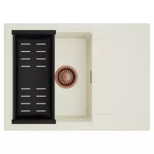 HD Onyx White 68-XL egymedencés mosogatótálca szett, matt fekete csepegtetőkosárral, csepegtetőtálcával, tört fehér színben, szálcsiszolt réz leeresztő szifonnal