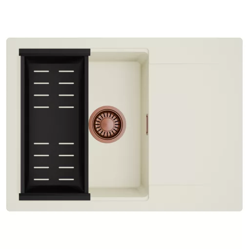 HD Onyx White 68-XL egymedencés mosogatótálca szett, matt fekete csepegtetőkosárral, csepegtetőtálcával, tört fehér színben, szálcsiszolt réz leeresztő szifonnal