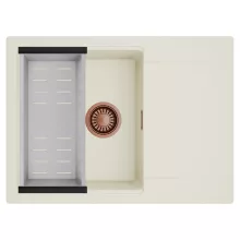 HD Onyx White 68-XL egymedencés mosogatótálca szett, acél csepegtetőkosárral, csepegtetőtálcával, tört fehér színben, szálcsiszolt réz leeresztő szifonnal