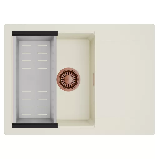 HD Onyx White 68-XL egymedencés mosogatótálca szett, acél csepegtetőkosárral, csepegtetőtálcával, tört fehér színben, szálcsiszolt réz leeresztő szifonnal