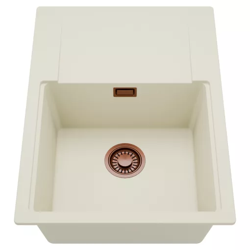 HD Onyx White 68-XL egymedencés mosogatótálca, csepegtetőtálcával, tört fehér színben, szálcsiszolt réz leeresztő szifonnal