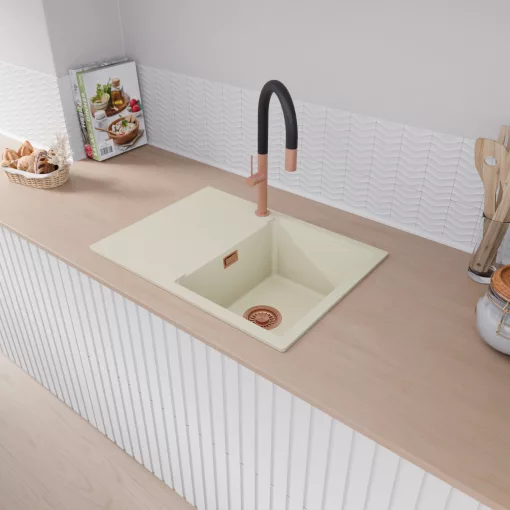 HD Onyx White 68-XL egymedencés mosogatótálca, csepegtetőtálcával, tört fehér színben, szálcsiszolt réz leeresztő szifonnal