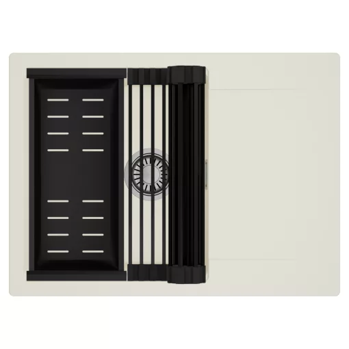 HD Onyx White 68-XL egymedencés mosogatótálca szett, matt fekete csepegtetőráccsal és kosárral, csepegtetőtálcával, tört fehér színben