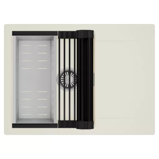 HD Onyx White 68-XL egymedencés mosogatótálca szett, matt fekete csepegtetőráccsal és krómozott kosárral, csepegtetőtálcával, tört fehér színben