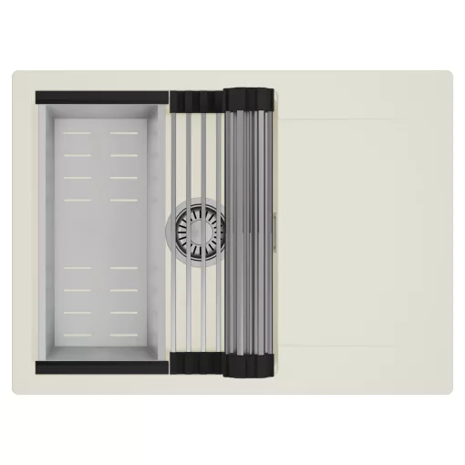 HD Onyx White 68-XL egymedencés mosogatótálca szett, acél csepegtetőráccsal és kosárral, csepegtetőtálcával, tört fehér színben