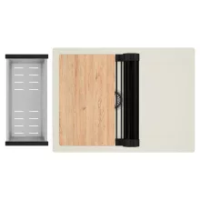 HD Onyx White 68-XL egymedencés gránit mosogatótálca szett, vágódeszkával, csepegtetőtálcával, vágódeszkával, matt fekete csepegtetőráccsal és krómozott kosárral, tört fehér színben