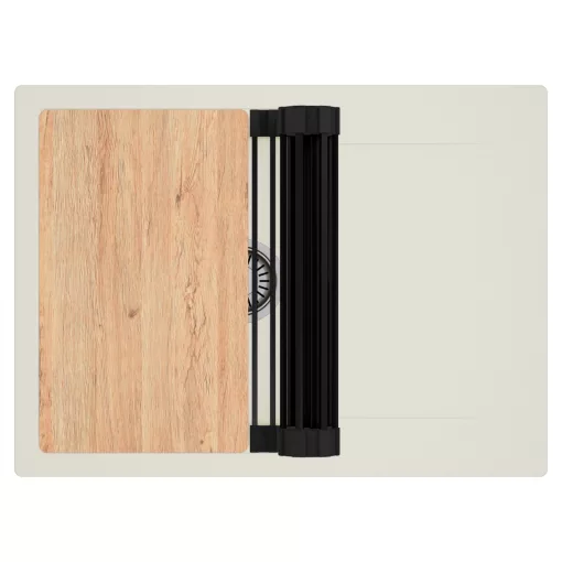 HD Onyx White 68-XL egymedencés gránit mosogatótálca szett, vágódeszkával, csepegtetőtálcával, vágódeszkával, matt fekete csepegtetőráccsal, tört fehér színben