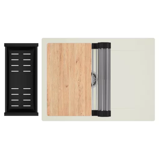 HD Onyx White 68-XL egymedencés gránit mosogatótálca szett, vágódeszkával, csepegtetőtálcával, vágódeszkával, acél csepegtetőráccsal és matt fekete kosárral, tört fehér színben