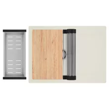 HD Onyx White 68-XL egymedencés gránit mosogatótálca szett, vágódeszkával, csepegtetőtálcával, vágódeszkával, acél csepegtetőráccsal és kosárral, tört fehér színben