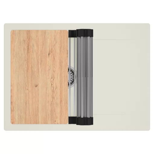 HD Onyx White 68-XL egymedencés gránit mosogatótálca szett, vágódeszkával, csepegtetőtálcával, vágódeszkával, acél csepegtetőráccsal, tört fehér színben