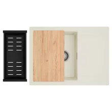 HD Onyx White 68-XL egymedencés gránit mosogatótálca szett, vágódeszkával, csepegtetőtálcával, vágódeszkával, matt fekete csepegtetőkosárral, tört fehér színben