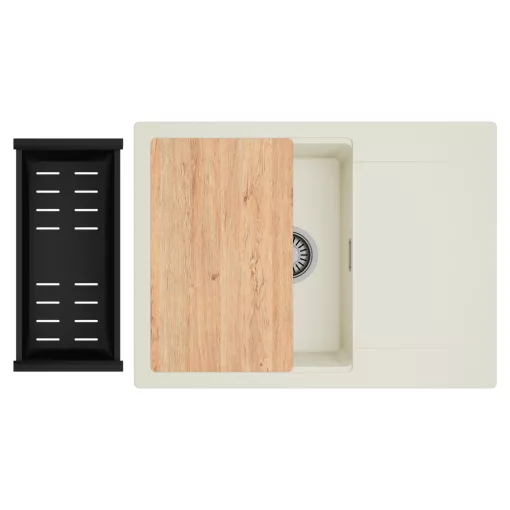 HD Onyx White 68-XL egymedencés gránit mosogatótálca szett, vágódeszkával, csepegtetőtálcával, vágódeszkával, matt fekete csepegtetőkosárral, tört fehér színben