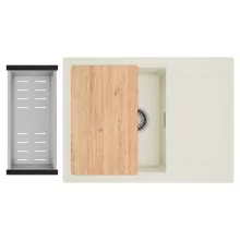 HD Onyx White 68-XL egymedencés gránit mosogatótálca szett, vágódeszkával, csepegtetőtálcával, vágódeszkával, acél csepegtetőkosárral, tört fehér színben