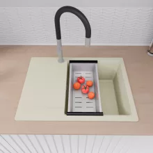 HD Onyx White 68-XL egymedencés gránit mosogatótálca szett, vágódeszkával, csepegtetőtálcával, vágódeszkával, acél csepegtetőkosárral, tört fehér színben