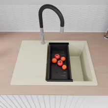 HD Onyx White 68-XL egymedencés mosogatótálca szett, matt fekete csepegtetőkosárral, csepegtetőtálcával, tört fehér színben