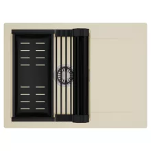 HD Onyx Beige 68-XL egymedencés mosogatótálca szett, matt fekete csepegtetőráccsal és kosárral, csepegtetőtálcával, soft bézs színben, szálcsiszolt króm leeresztő szifonnal