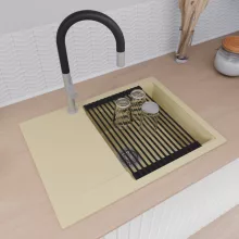 HD Onyx Beige 68-XL egymedencés mosogatótálca szett, matt fekete csepegtetőráccsal és krómozott kosárral, csepegtetőtálcával, soft bézs színben, szálcsiszolt króm leeresztő szifonnal