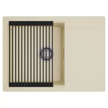 HD Onyx Beige 68-XL egymedencés mosogatótálca szett, matt fekete csepegtetőráccsal, csepegtetőtálcával, soft bézs színben, szálcsiszolt króm leeresztő szifonnal