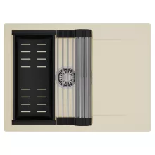 HD Onyx Beige 68-XL egymedencés mosogatótálca szett, acél csepegtetőráccsal és matt fekete kosárral, csepegtetőtálcával, soft bézs színben, szálcsiszolt króm leeresztő szifonnal