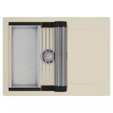 HD Onyx Beige 68-XL egymedencés mosogatótálca szett, acél csepegtetőráccsal és kosárral, csepegtetőtálcával, soft bézs színben, szálcsiszolt króm leeresztő szifonnal