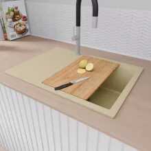 HD Onyx Beige 68-XL egymedencés gránit mosogatótálca szett, csepegtetőtálcával, vágódeszkával, matt fekete csepegtetőráccsal és kosárral, soft bézs színben, szálcsiszolt króm leeresztő szifonnal