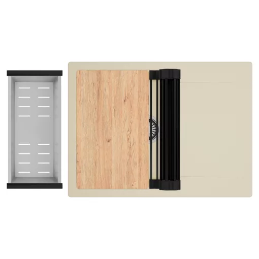 HD Onyx Beige 68-XL egymedencés gránit mosogatótálca szett, csepegtetőtálcával, vágódeszkával, matt fekete csepegtetőráccsal és krómozott kosárral, soft bézs színben, szálcsiszolt króm leeresztő szifonnal