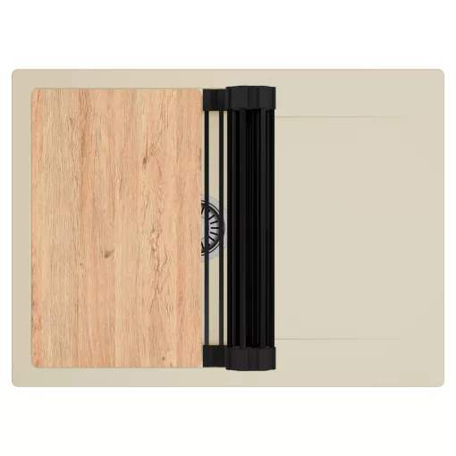 HD Onyx Beige 68-XL egymedencés gránit mosogatótálca szett, csepegtetőtálcával, vágódeszkával, matt fekete csepegtetőráccsal, soft bézs színben, szálcsiszolt króm leeresztő szifonnal