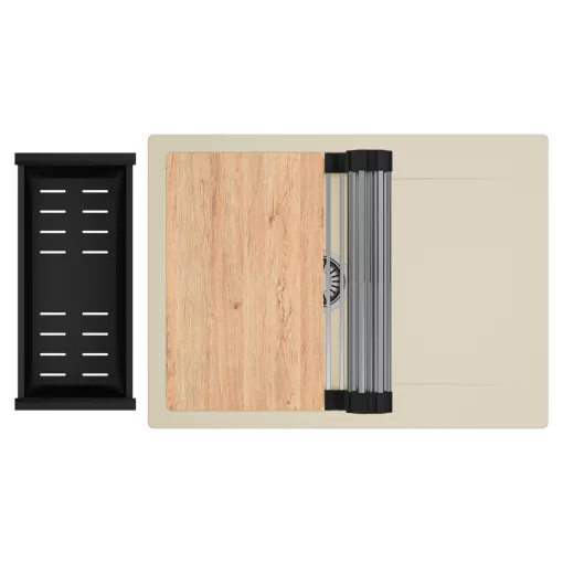 HD Onyx Beige 68-XL egymedencés gránit mosogatótálca szett, csepegtetőtálcával, vágódeszkával, acél csepegtetőráccsal és matt fekete kosárral, soft bézs színben, szálcsiszolt króm leeresztő szifonnal