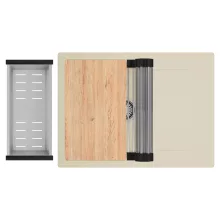 HD Onyx Beige 68-XL egymedencés gránit mosogatótálca szett, csepegtetőtálcával, vágódeszkával, acél csepegtetőráccsal és kosárral, soft bézs színben, szálcsiszolt króm leeresztő szifonnal