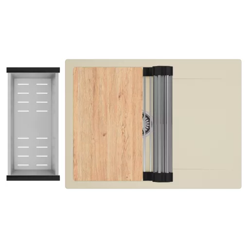 HD Onyx Beige 68-XL egymedencés gránit mosogatótálca szett, csepegtetőtálcával, vágódeszkával, acél csepegtetőráccsal és kosárral, soft bézs színben, szálcsiszolt króm leeresztő szifonnal