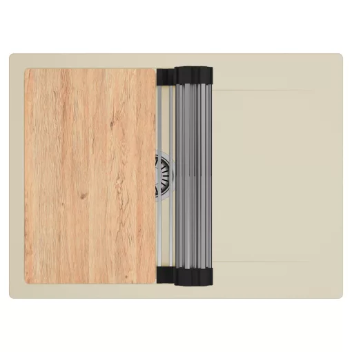 HD Onyx Beige 68-XL egymedencés gránit mosogatótálca szett, csepegtetőtálcával, vágódeszkával, acél csepegtetőráccsal, soft bézs színben, szálcsiszolt króm leeresztő szifonnal