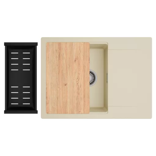 HD Onyx Beige 68-XL egymedencés gránit mosogatótálca szett, csepegtetőtálcával, vágódeszkával, matt fekete csepegtetőkosárral, soft bézs színben, szálcsiszolt króm leeresztő szifonnal