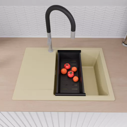 HD Onyx Beige 68-XL egymedencés gránit mosogatótálca szett, csepegtetőtálcával, vágódeszkával, matt fekete csepegtetőkosárral, soft bézs színben, szálcsiszolt króm leeresztő szifonnal