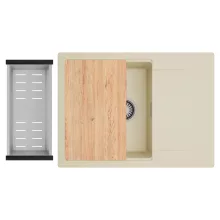 HD Onyx Beige 68-XL egymedencés gránit mosogatótálca szett, csepegtetőtálcával, vágódeszkával, acél csepegtetőkosárral, soft bézs színben, szálcsiszolt króm leeresztő szifonnal