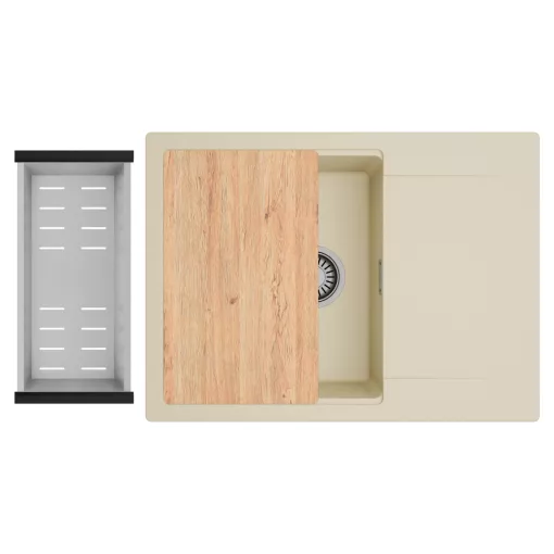 HD Onyx Beige 68-XL egymedencés gránit mosogatótálca szett, csepegtetőtálcával, vágódeszkával, acél csepegtetőkosárral, soft bézs színben, szálcsiszolt króm leeresztő szifonnal