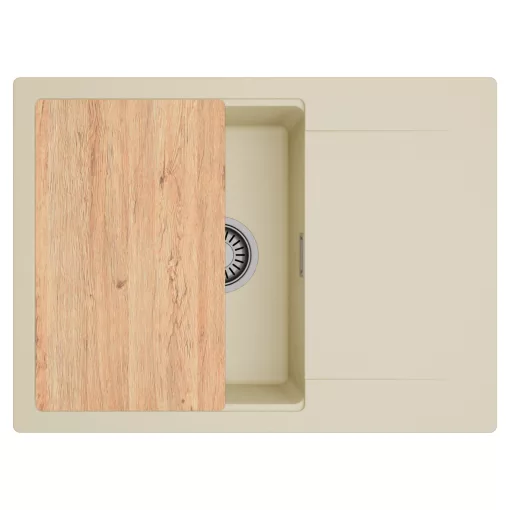 HD Onyx Beige 68-XL egymedencés gránit mosogatótálca, vágódeszkával, soft bézs színben, szálcsiszolt króm leeresztő szifonnal