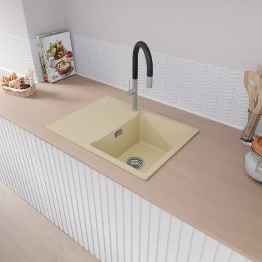 HD Onyx Beige 68-XL egymedencés gránit mosogatótálca, vágódeszkával, soft bézs színben, szálcsiszolt króm leeresztő szifonnal