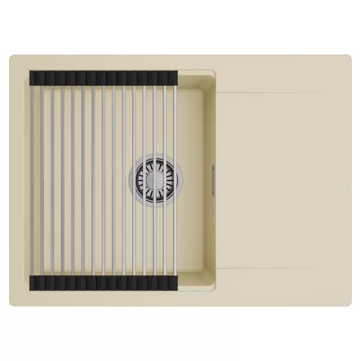 HD Onyx Beige 68-XL egymedencés mosogatótálca szett, acél csepegtetőráccsal, csepegtetőtálcával, soft bézs színben, szálcsiszolt króm leeresztő szifonnal