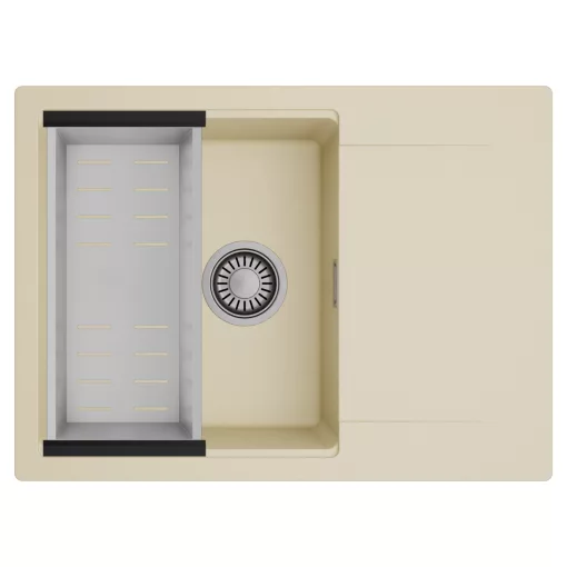 HD Onyx Beige 68-XL egymedencés mosogatótálca szett, acél csepegtetőkosárral, csepegtetőtálcával, soft bézs színben, szálcsiszolt króm leeresztő szifonnal