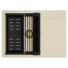 HD Onyx Beige 68-XL egymedencés mosogatótálca szett, matt fekete csepegtetőráccsal és kosárral, csepegtetőtálcával, soft bézs színben, szálcsiszolt arany leeresztő szifonnal