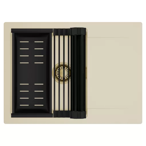 HD Onyx Beige 68-XL egymedencés mosogatótálca szett, matt fekete csepegtetőráccsal és kosárral, csepegtetőtálcával, soft bézs színben, szálcsiszolt arany leeresztő szifonnal