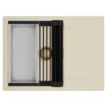 HD Onyx Beige 68-XL egymedencés mosogatótálca szett, matt fekete csepegtetőráccsal és krómozott kosárral, csepegtetőtálcával, soft bézs színben, szálcsiszolt arany leeresztő szifonnal